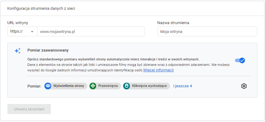 Konfiguracja strumienia danych z sieci w Google Analytics 4