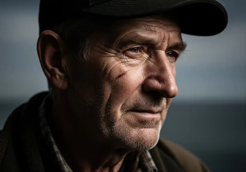 ai generated image of cinematic headshot photograph of a weathered old fisherman, dramatic side lighting, deep shadows, detailed wrinkles, shot on a Sony a7 III with a 85mm f/1.4 lens, photorealistic, hyper-detailed --ar 3:2 --v 6